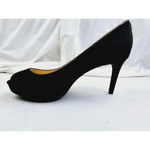 Liz Claiborne Size 8.5M Women's Peep Toe Satin Fabric Jet Black Stiletto Pumps